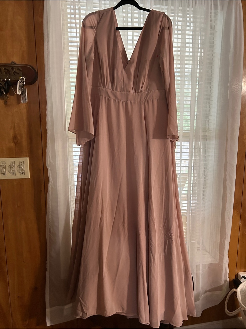 BHLDN Blush Pink V‑Neck Long Sleeve Maxi Dress